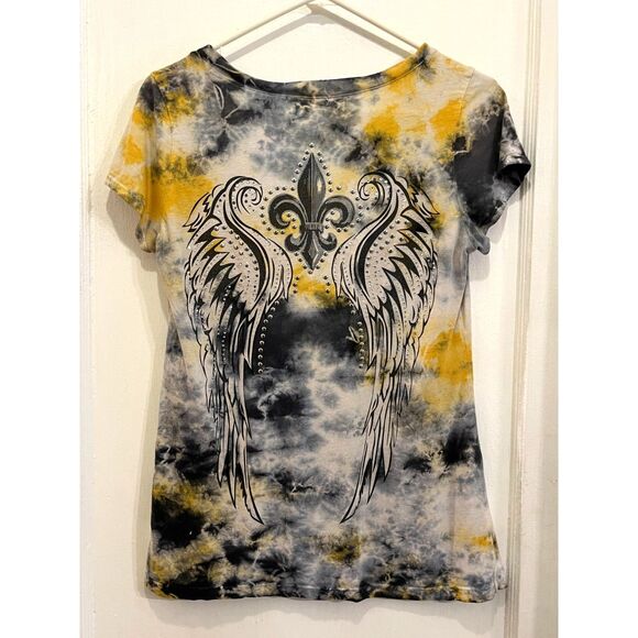 Affliction Like Yellow Gray Tie Dye Bling T Shirt Tee Top Mens Size Medium - Picture 5 of 10